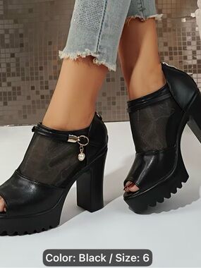 Women’s Black Peep-Toe Platform Heels with Mesh Inset